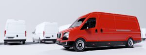 Red commercial van and fleet of white trucks. Transport. Transport and shipping